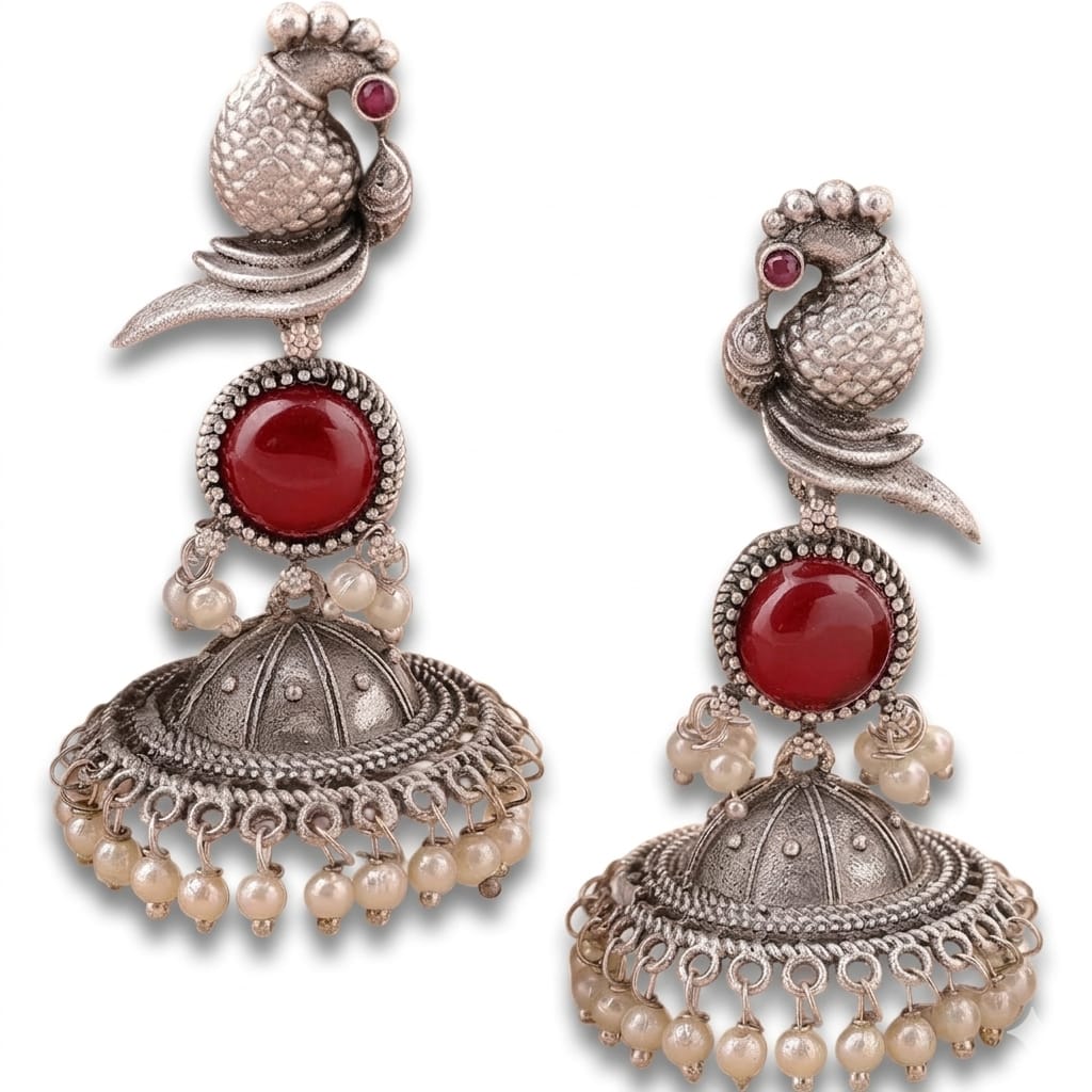 Oxidised Silver Parrot Jhumka Earrings with Red Carnelian Stone & Pearl Drops