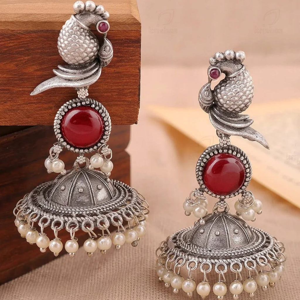 Oxidised Silver Parrot Jhumka Earrings with Red Carnelian Stone & Pearl Drops