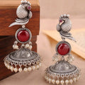 Oxidised Silver Parrot Jhumka Earrings with Red Carnelian Stone & Pearl Drops
