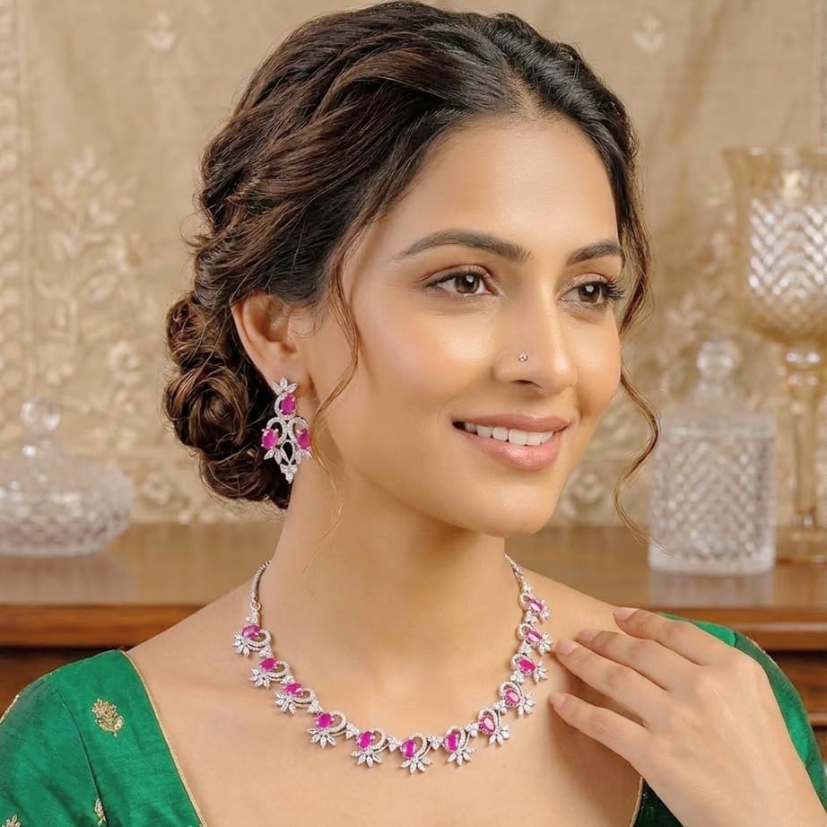 Ruby & CZ Diamond Floral Necklace & Earrings Set in Silver Tone