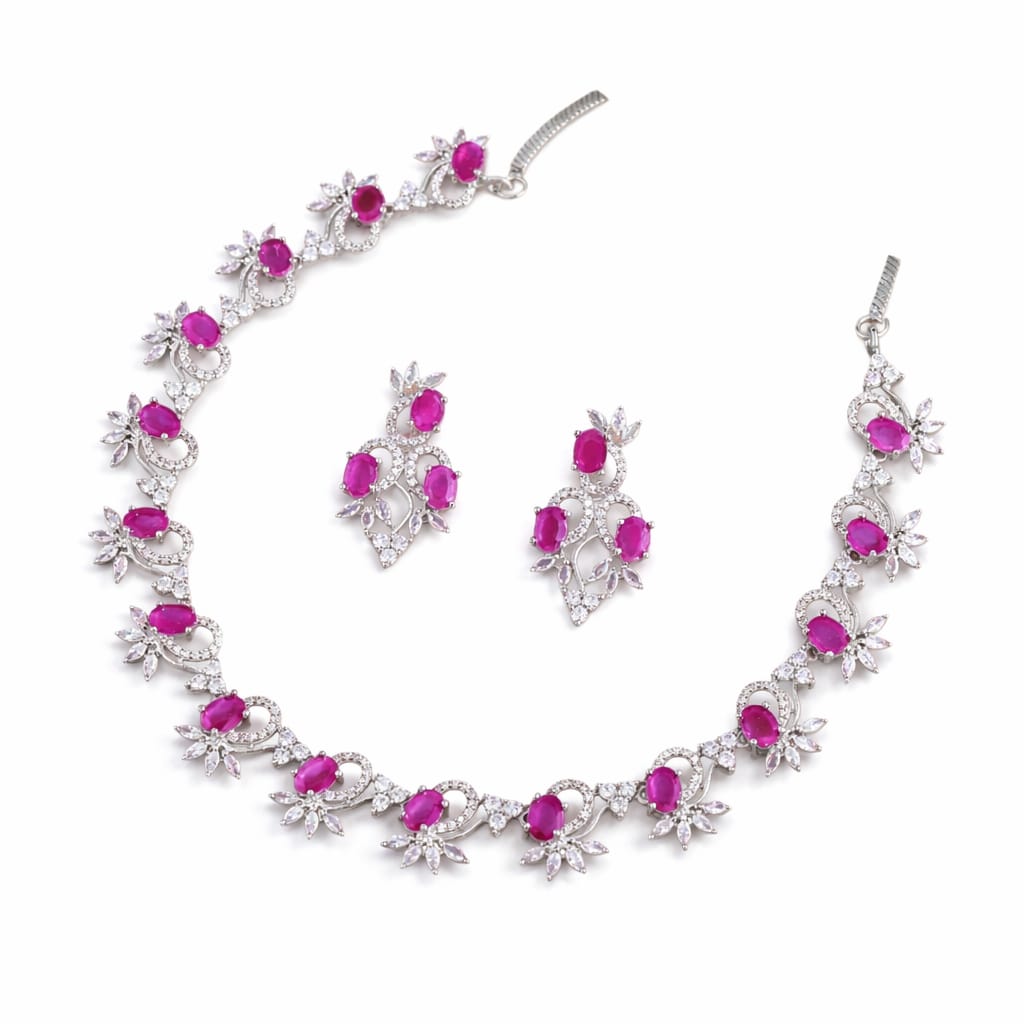 Ruby & CZ Diamond Floral Necklace & Earrings Set in Silver Tone