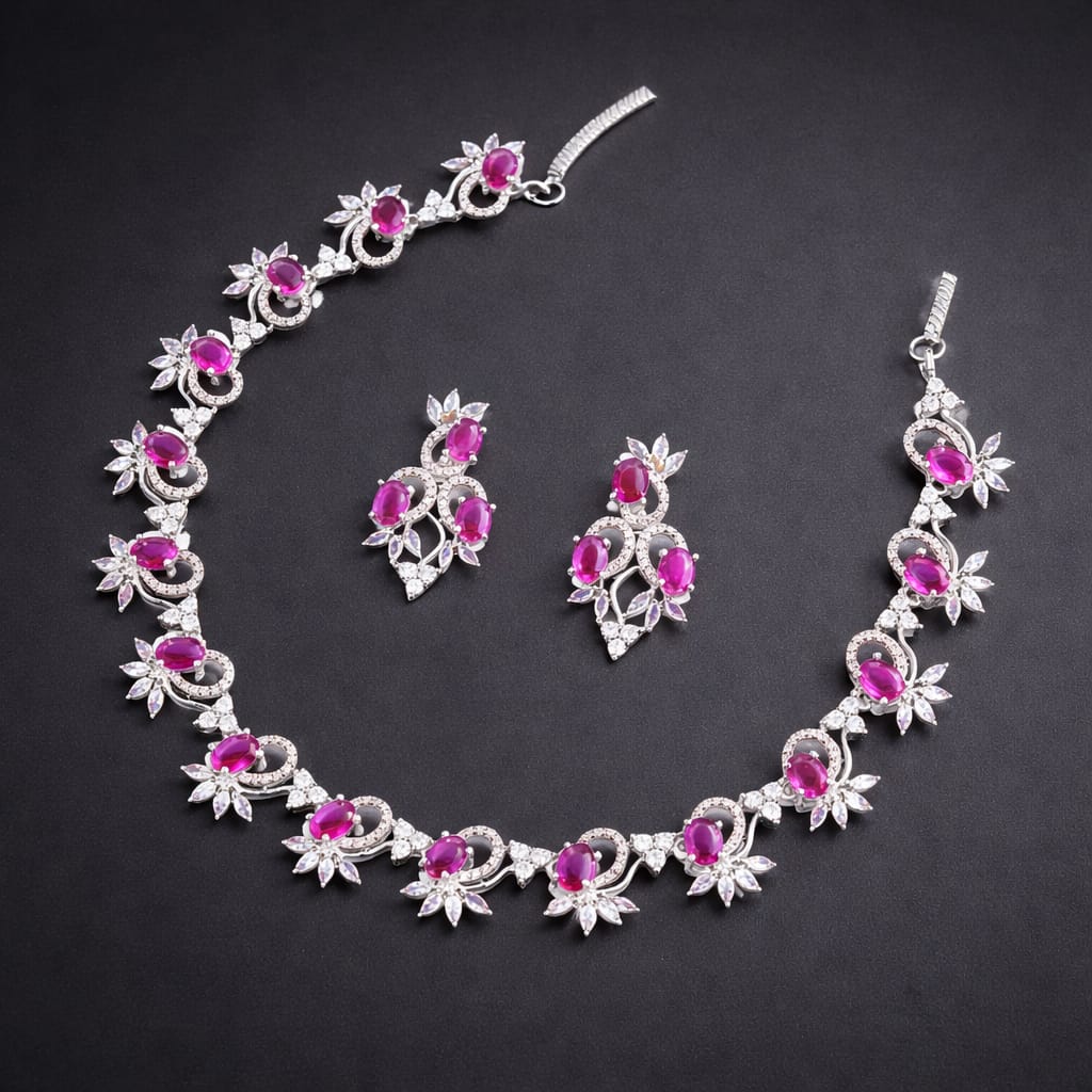 Ruby & CZ Diamond Floral Necklace & Earrings Set in Silver Tone