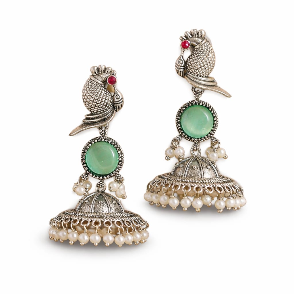 Oxidised Silver Parrot Jhumka Earrings with Mint Green Stone & Pearl Drops
