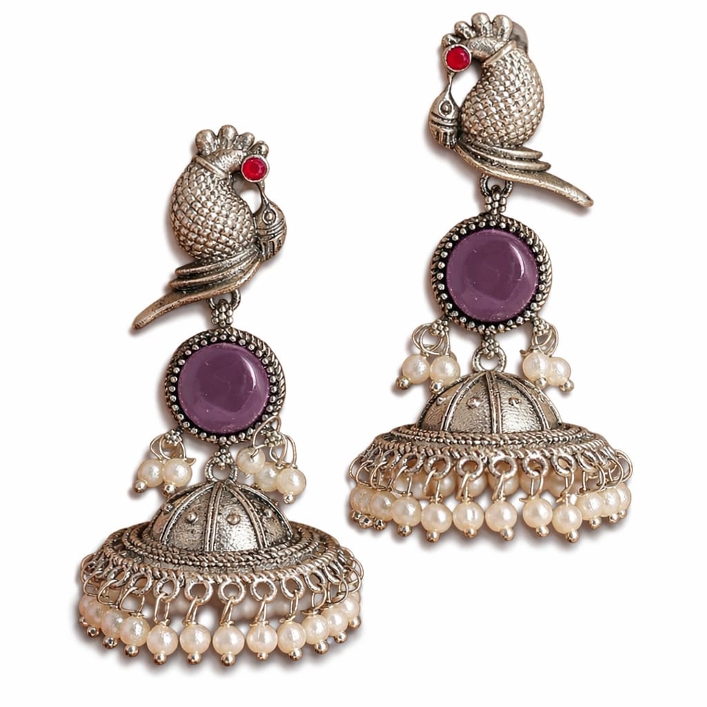 Oxidised Silver Parrot Jhumka Earrings with Amethyst Stone & Pearl Drops
