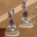 Oxidised Silver Parrot Jhumka Earrings with Amethyst Stone & Pearl Drops