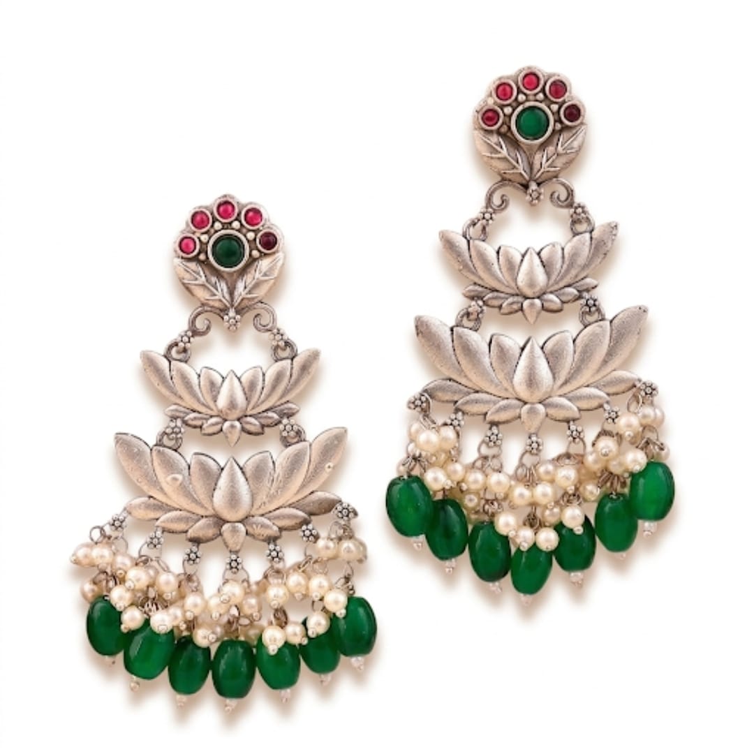 Oxidised Silver Lotus Chandbali Earrings with Pearl & Green Onyx Drops