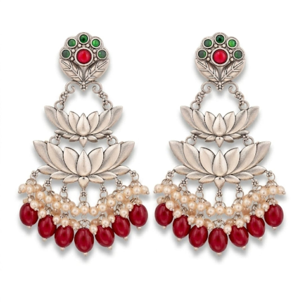 Oxidised Silver Lotus Chandbali Earrings with Pearl & Red Onyx Drops