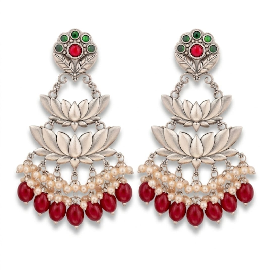 Oxidised Silver Lotus Chandbali Earrings with Pearl & Red Onyx Drops