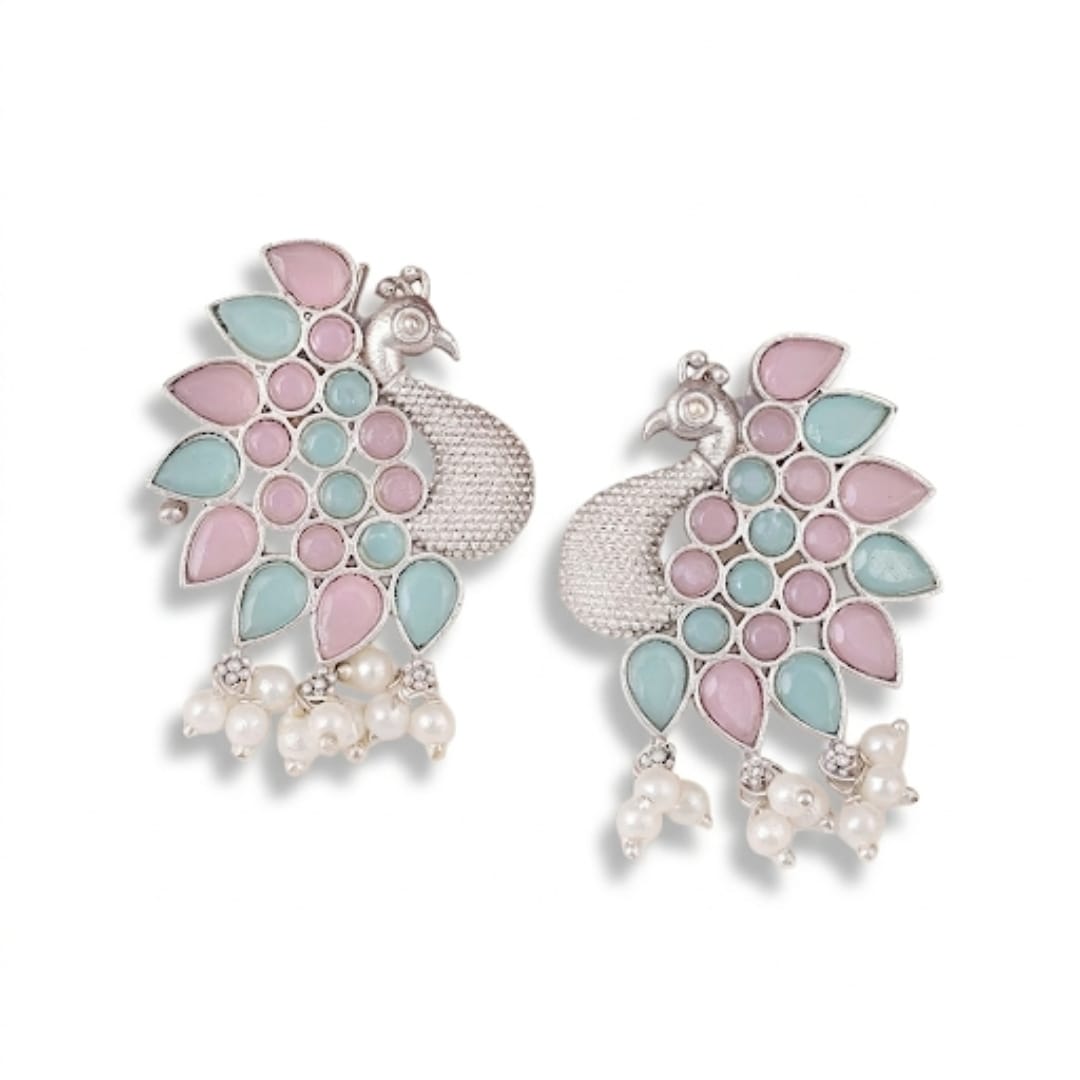 Silver Full Peacock Earrings with Pastel Pink & Mint Blue Stones and Pearl Drops