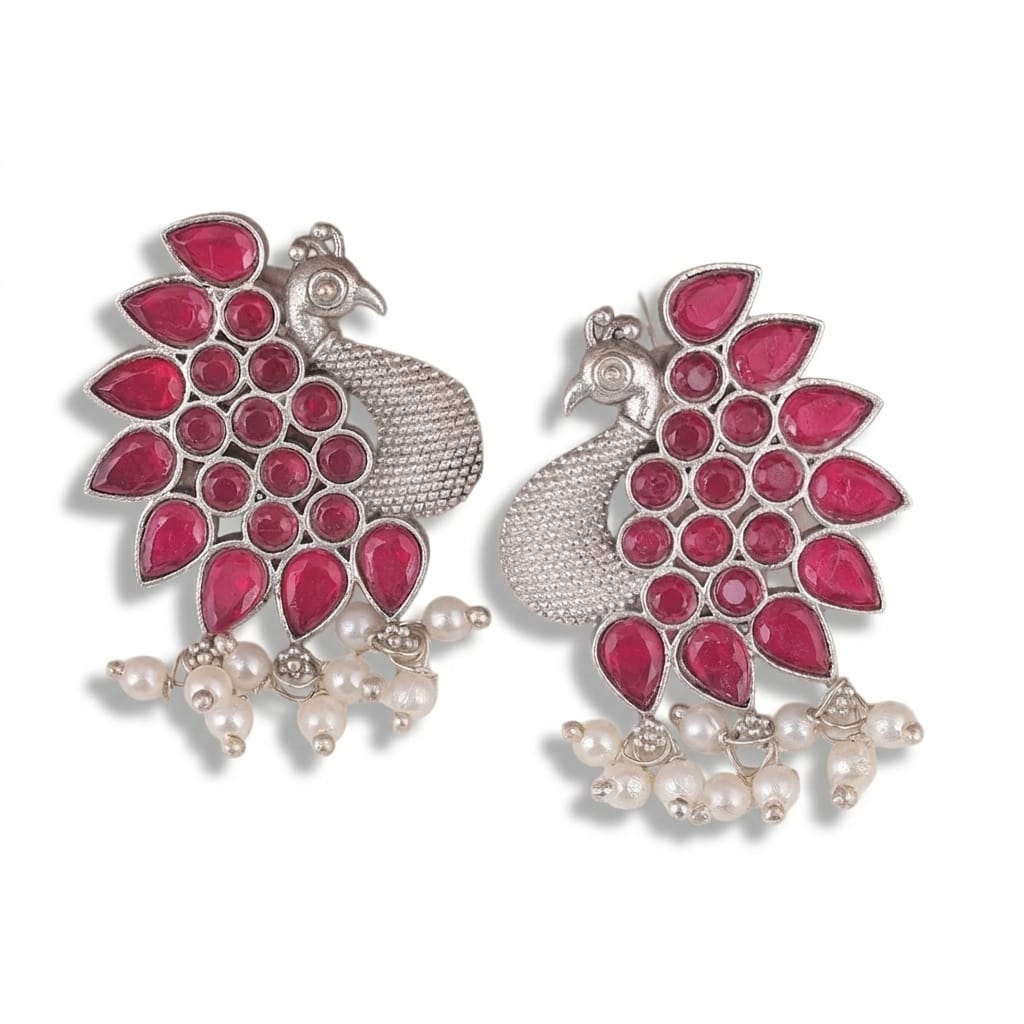 Oxidised Silver Full Peacock Earrings with Ruby Stones & Pearl Drops
