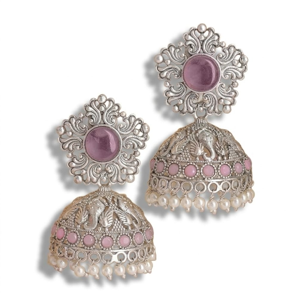 Oxidised Silver Ganesha Jhumki Earrings with Amethyst Stone & Pearl Drops
