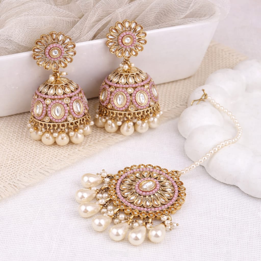 Pink Kundan Jhumka Earrings & Maang Tikka Set with Pearl Drops