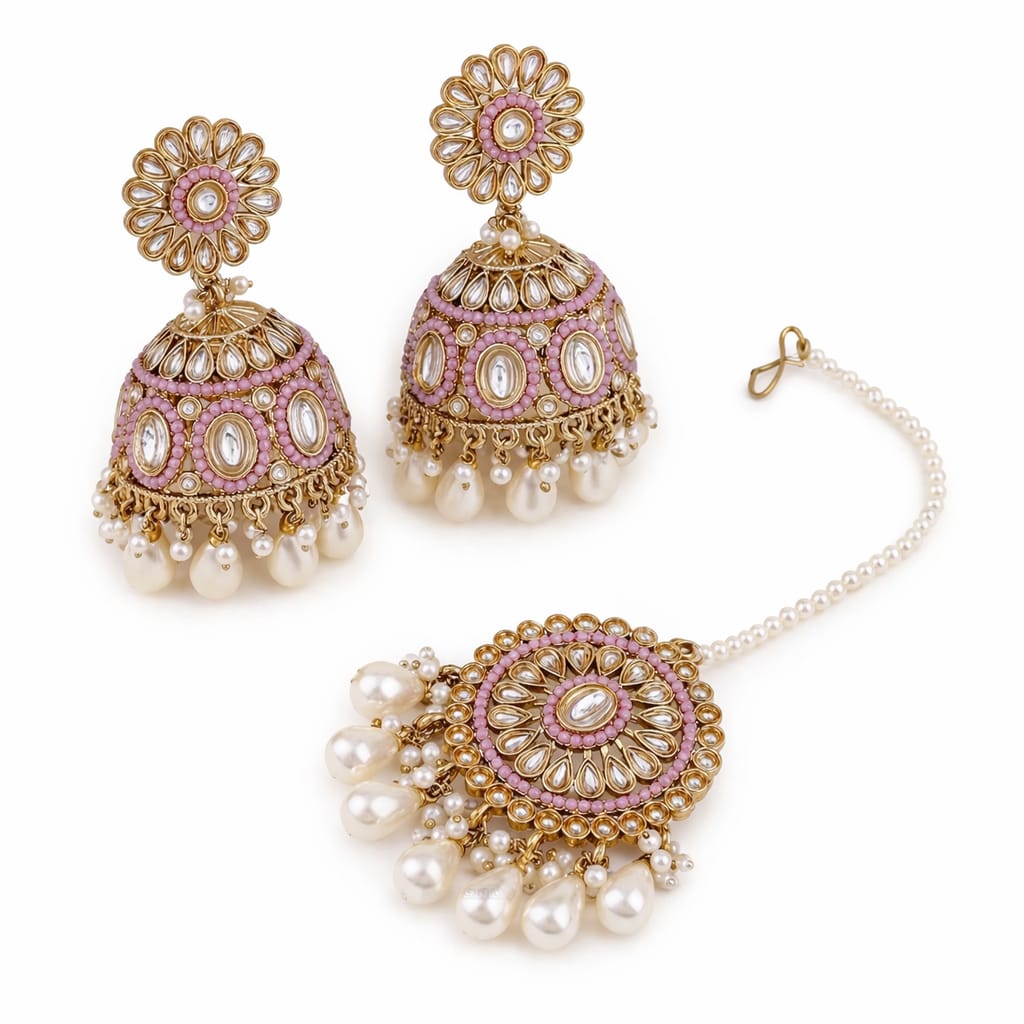 Pink Kundan Jhumka Earrings & Maang Tikka Set with Pearl Drops