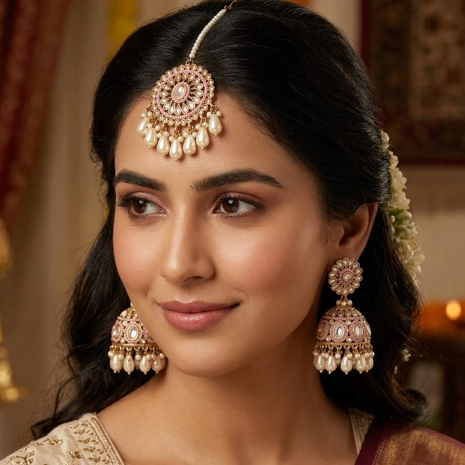 Pink Kundan Jhumka Earrings & Maang Tikka Set with Pearl Drops
