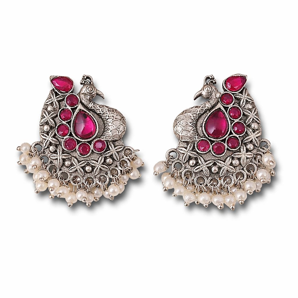 Oxidised Silver Peacock Earrings with Ruby Stones & Pearl Drops