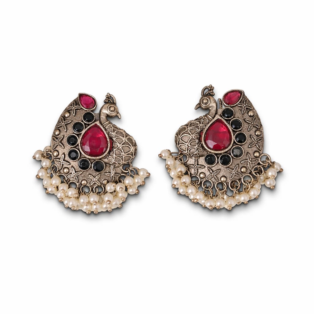 Oxidised Silver Peacock Earrings with Ruby & Black Stones and Pearl Drops