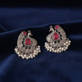 Peacock Oxidised Silver Earrings with Ruby Stone & Pearl Drops