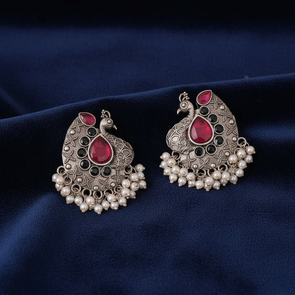 Peacock Oxidised Silver Earrings with Ruby Stone & Pearl Drops