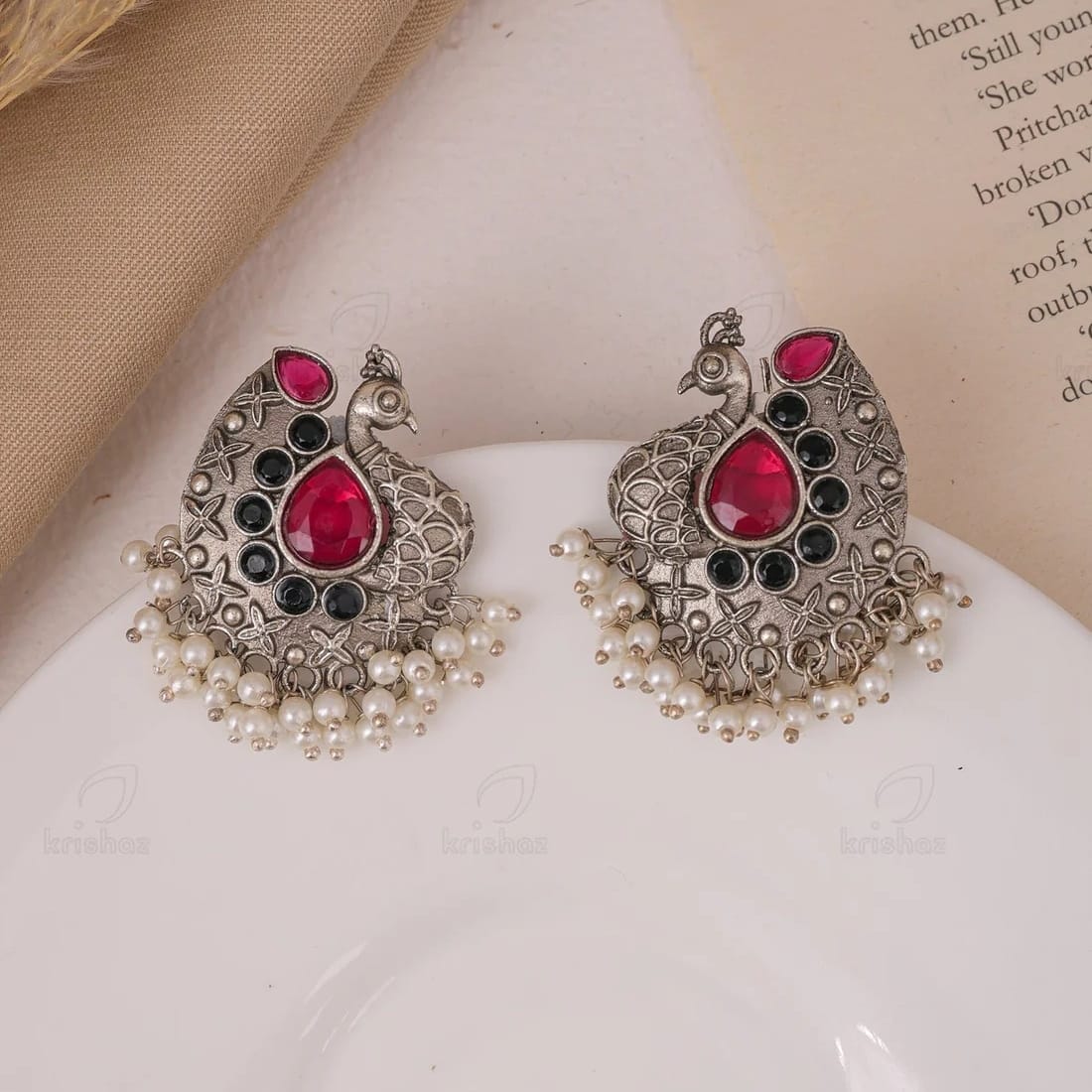 Oxidised Silver Peacock Earrings with Ruby & Black Stones and Pearl Drops
