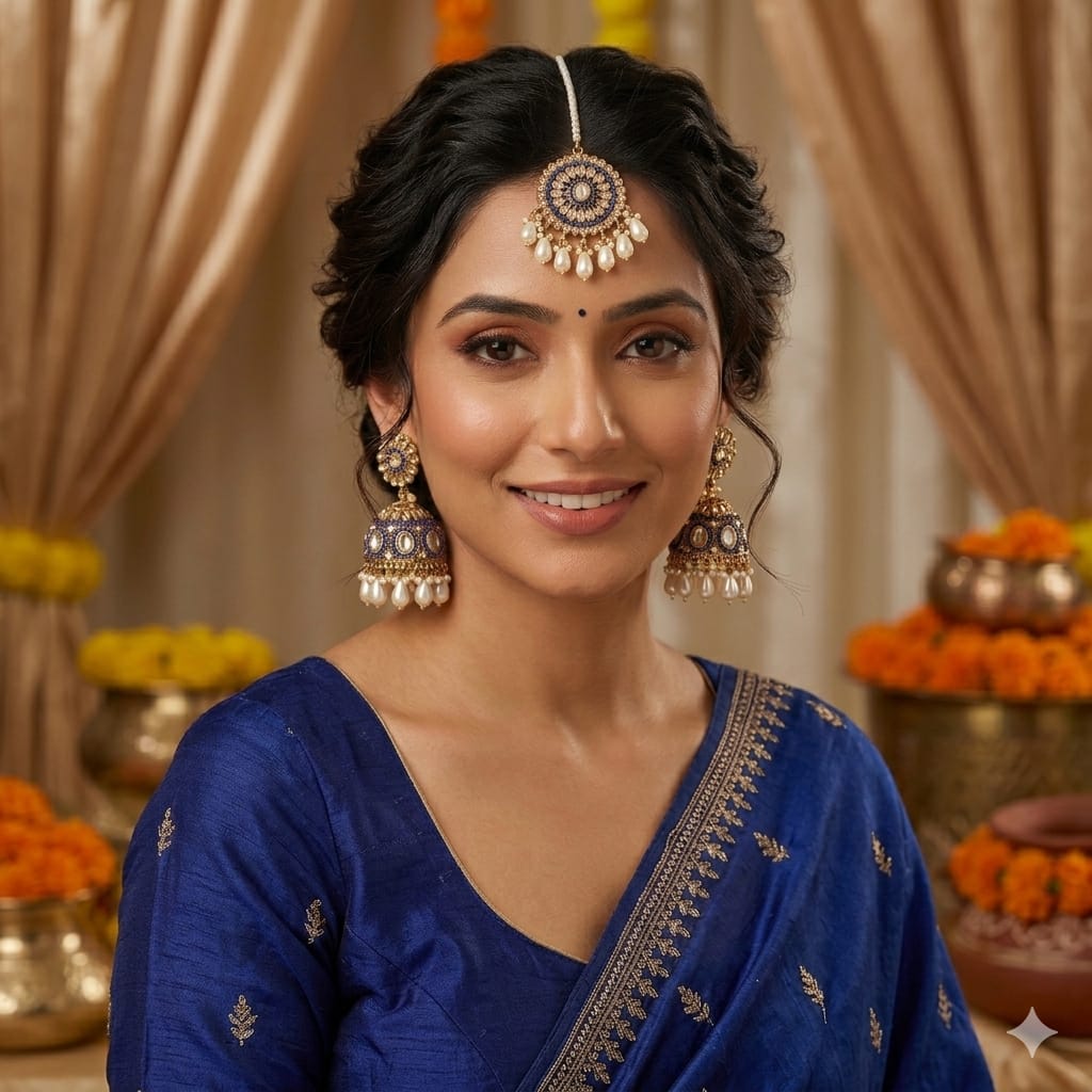 Blue Kundan Jhumka Earrings & Maang Tikka Set with Pearl Drops