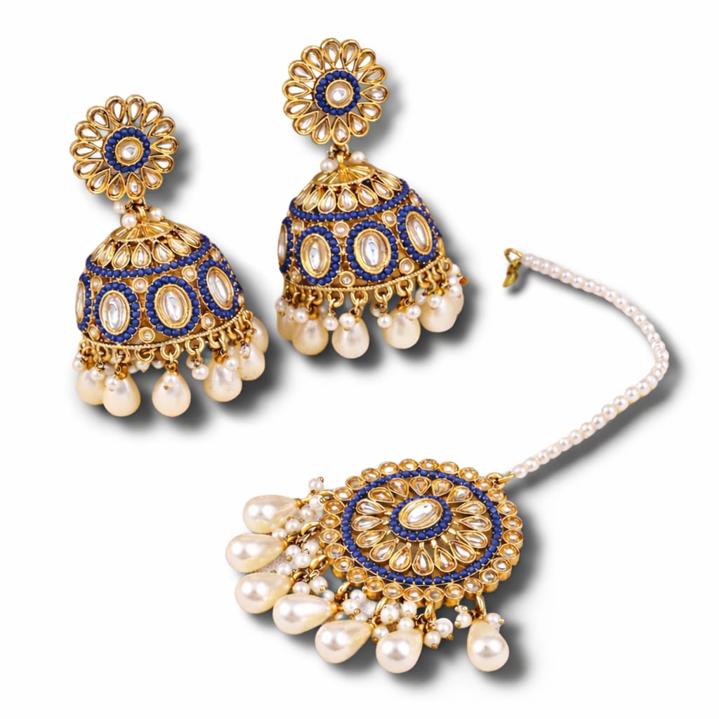 Blue Kundan Jhumka Earrings & Maang Tikka Set with Pearl Drops