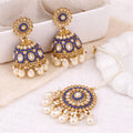 Blue Kundan Jhumka Earrings & Maang Tikka Set with Pearl Drops