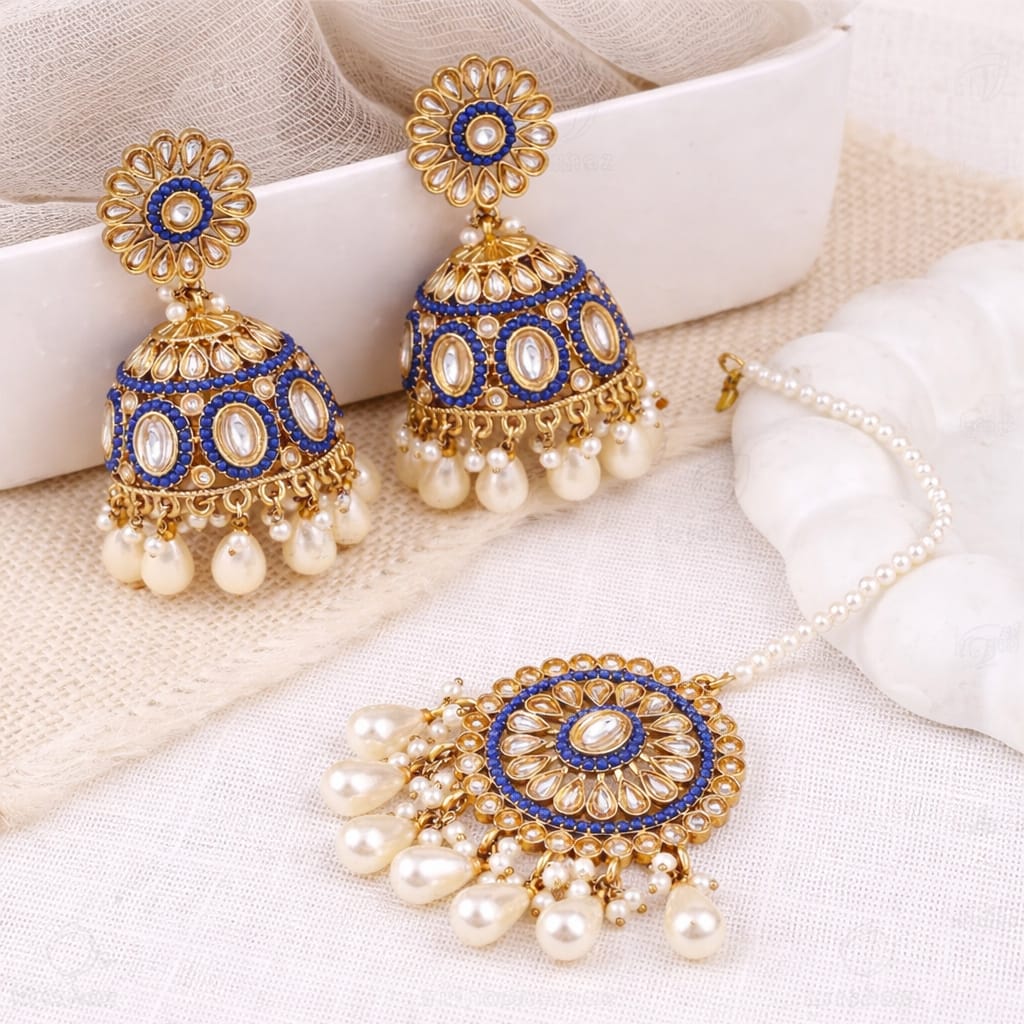 Blue Kundan Jhumka Earrings & Maang Tikka Set with Pearl Drops