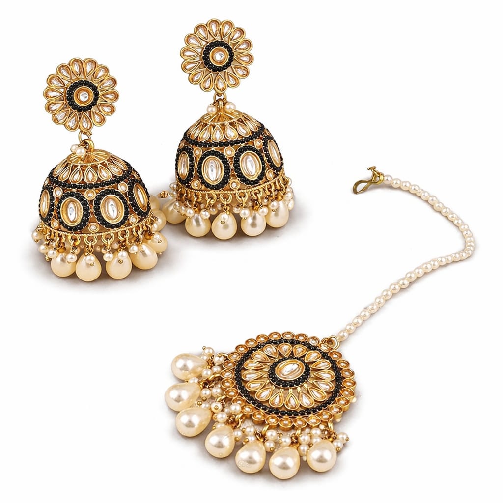 Black Kundan Jhumka Earrings & Maang Tikka Set with Pearl Drops