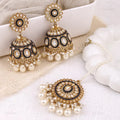 Black Kundan Jhumka Earrings & Maang Tikka Set with Pearl Drops