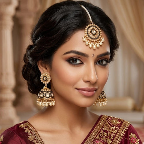 Black Kundan Jhumka Earrings & Maang Tikka Set with Pearl Drops