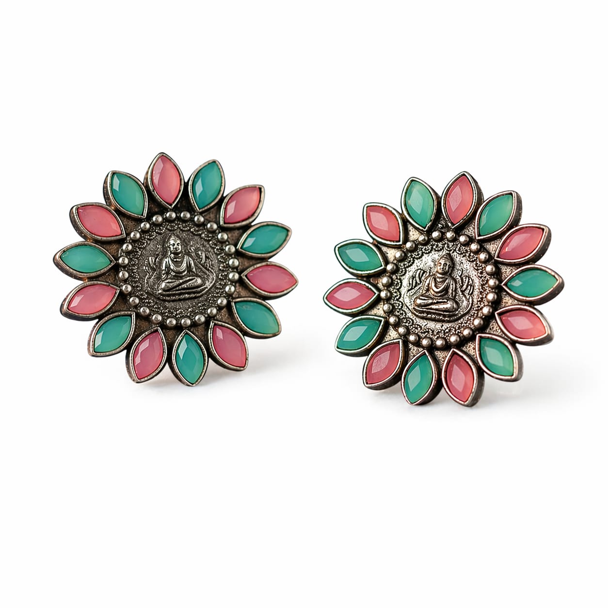 Buddha Motif Oxidised Silver Stud Earrings with Pink & Mint Stones