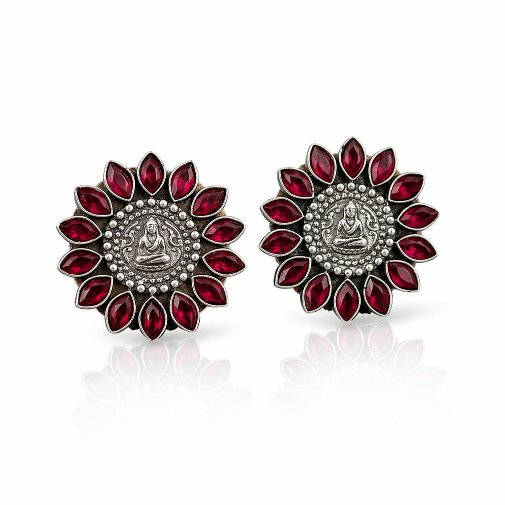 Buddha Motif Oxidised Silver Stud Earrings with Ruby Red Stones