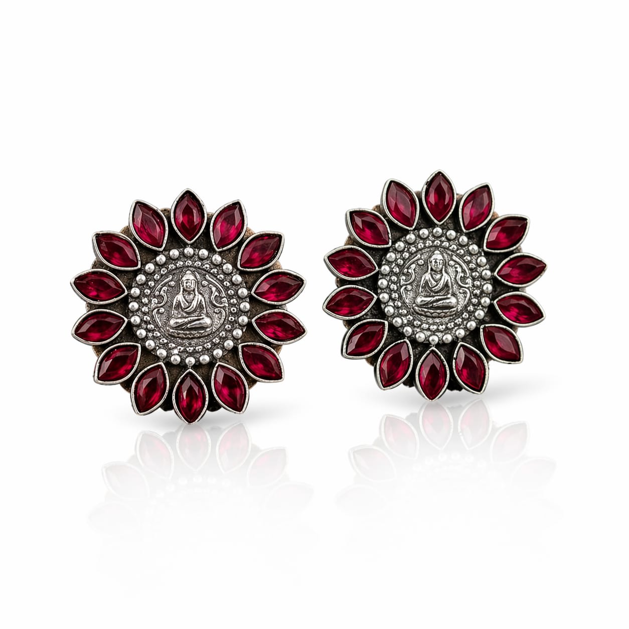 Buddha Motif Oxidised Silver Stud Earrings with Ruby Red Stones