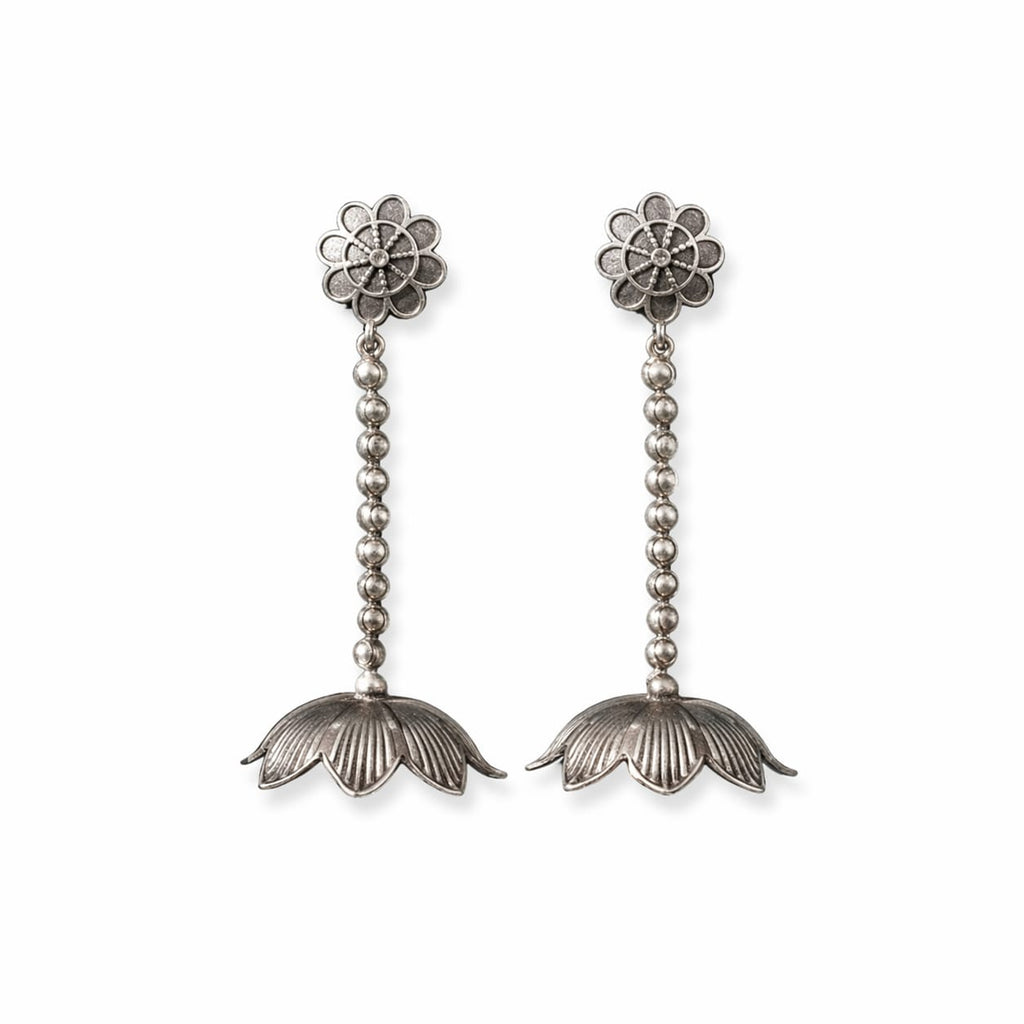 Oxidised Silver Lotus Drop Earrings with Floral Stud Top