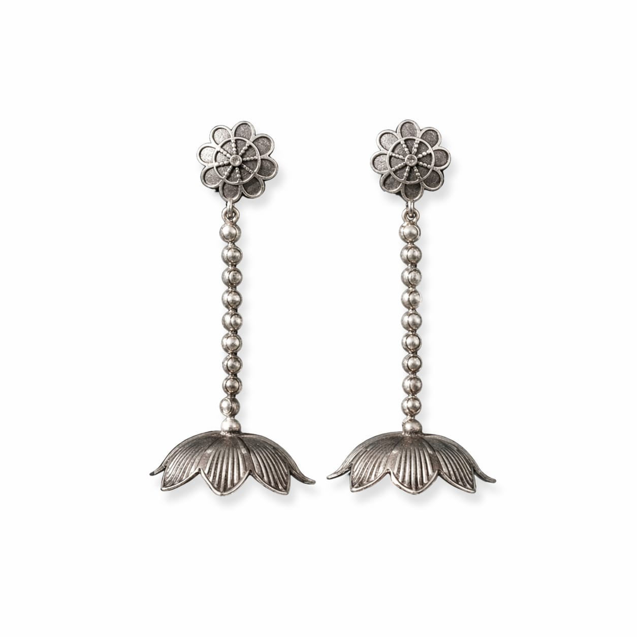 Oxidised Silver Lotus Drop Earrings with Floral Stud Top