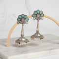 Pink & Turquoise Oxidised Silver Jhumka Earrings