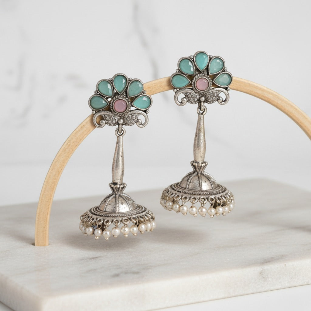 Pink & Turquoise Oxidised Silver Jhumka Earrings