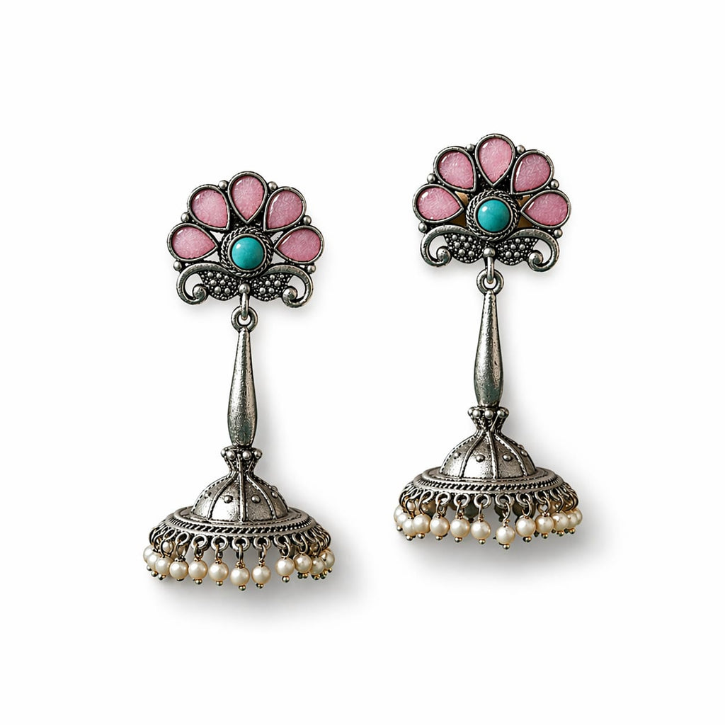 Pink & Turquoise Oxidised Silver Jhumka Earrings with Pearl Drops