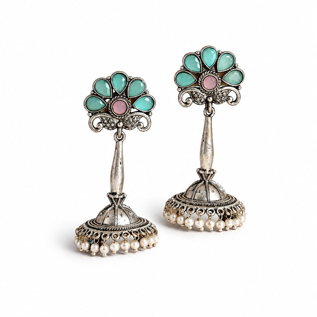 Pink & Turquoise Oxidised Silver Jhumka Earrings