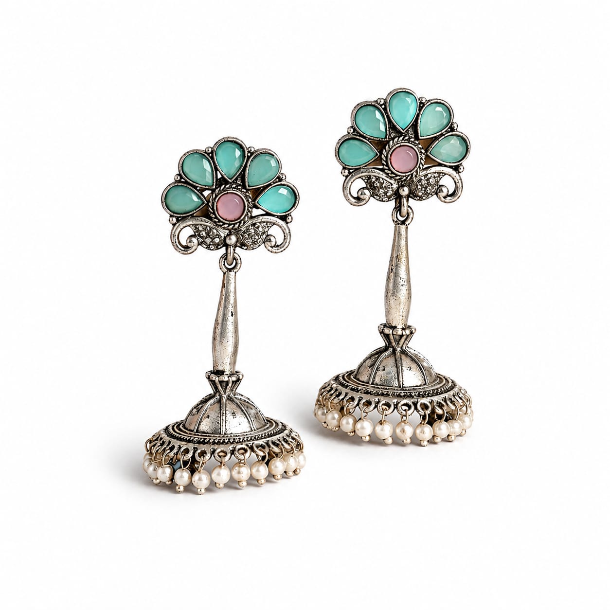 Pink & Turquoise Oxidised Silver Jhumka Earrings