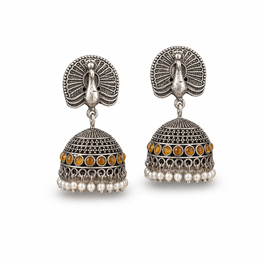 Peacock Oxidised Silver Jhumka Earrings with Amber Stones