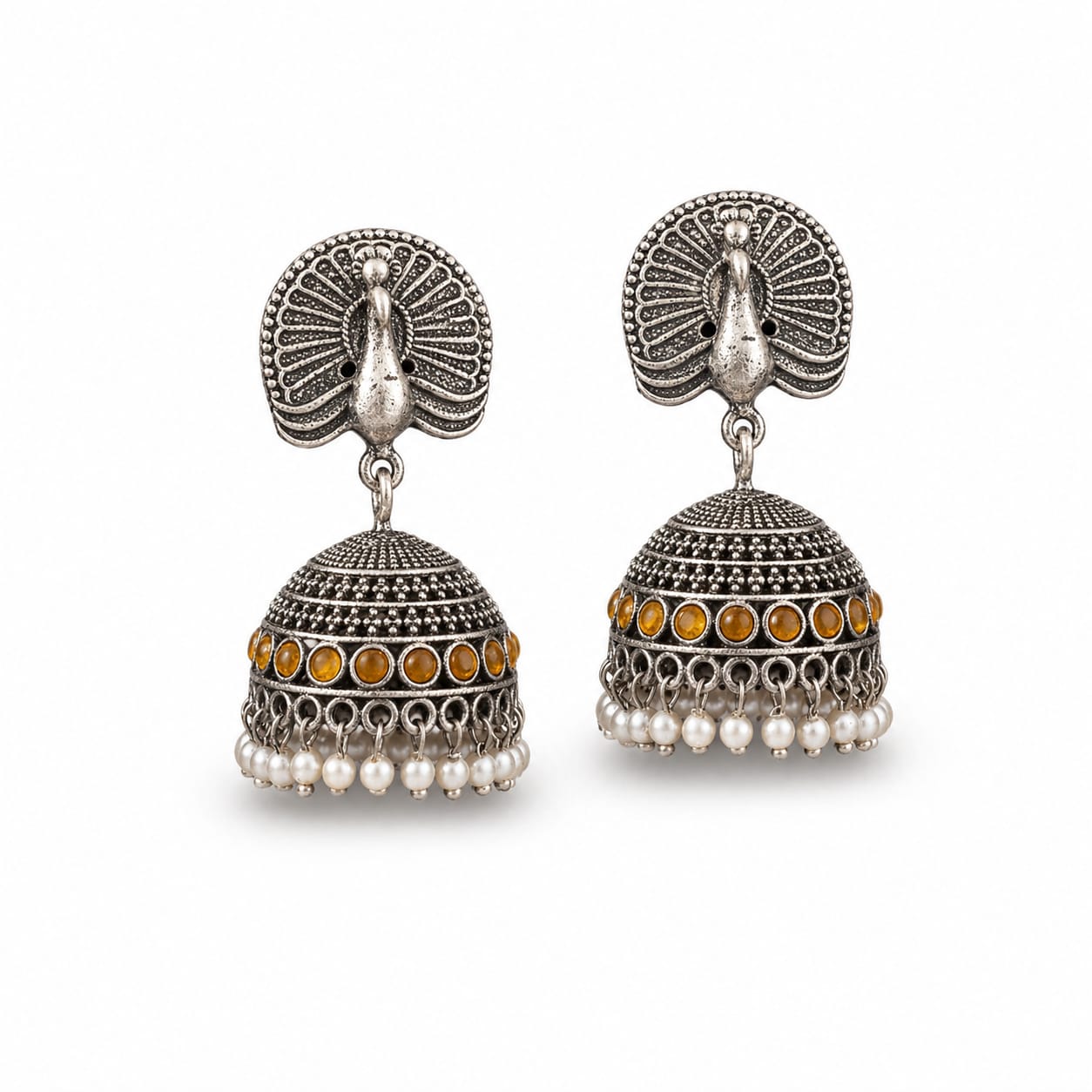 Peacock Oxidised Silver Jhumka Earrings with Amber Stones