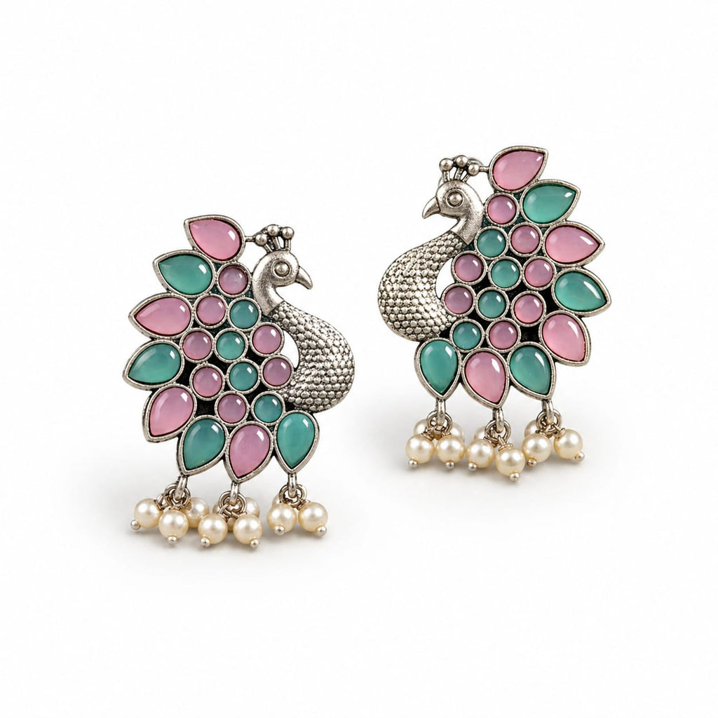 Peacock Oxidised Silver Earrings with Pink & Turquoise Stones