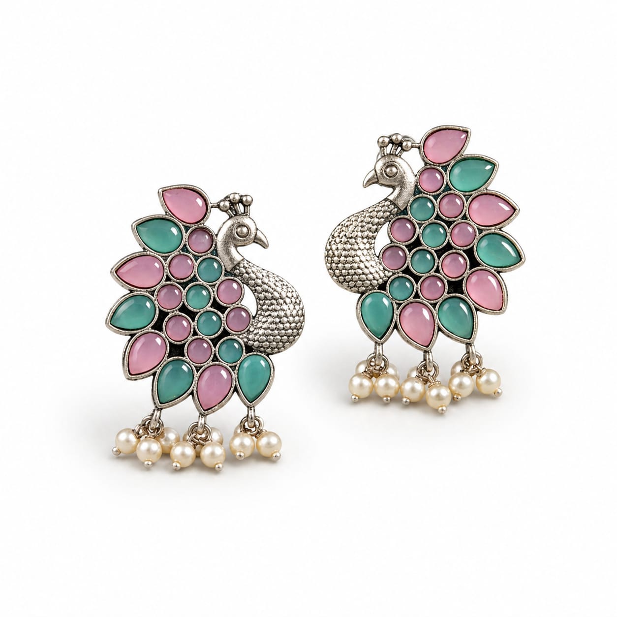 Peacock Oxidised Silver Earrings with Pink & Turquoise Stones