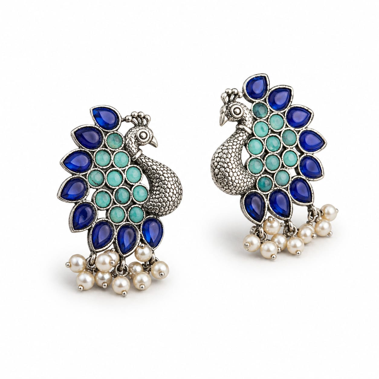 Peacock Oxidised Silver Earrings with Blue & Teal Stones
