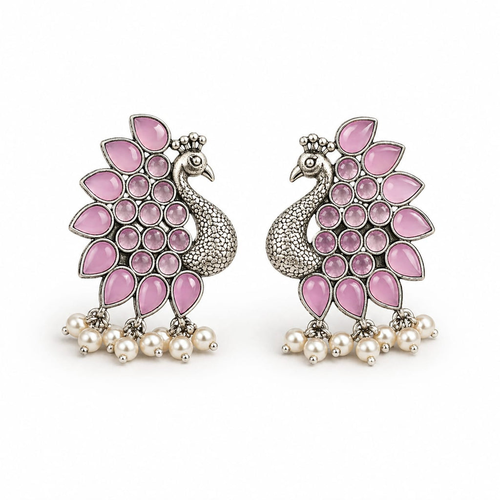 Pink Peacock Oxidised Silver Earrings with Pearl Drops
