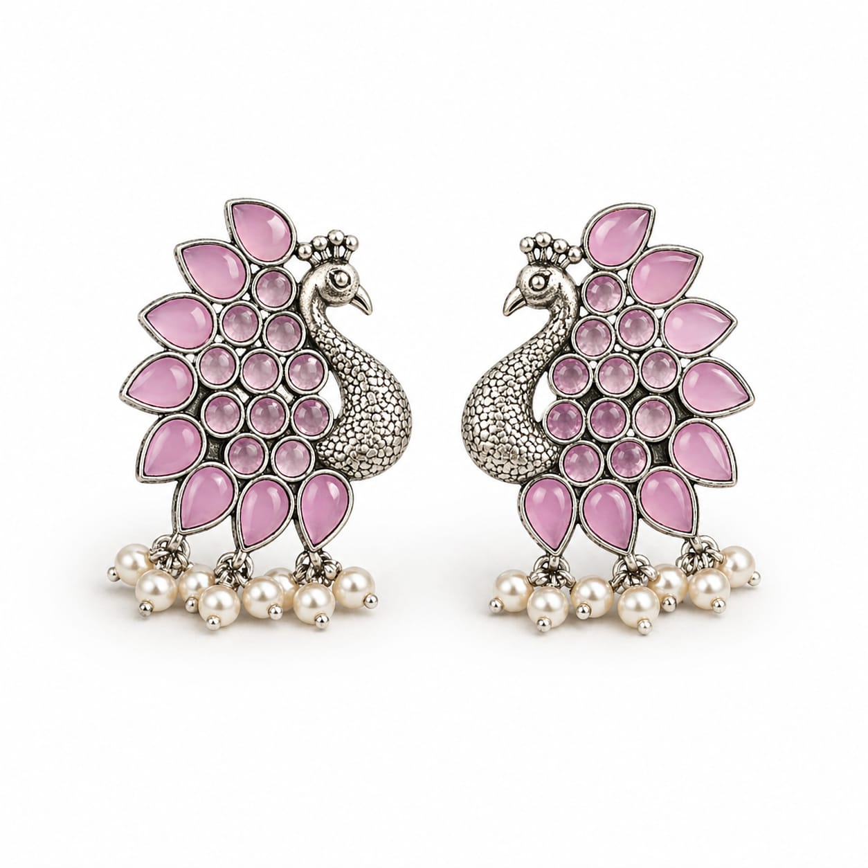 Pink Peacock Oxidised Silver Earrings with Pearl Drops