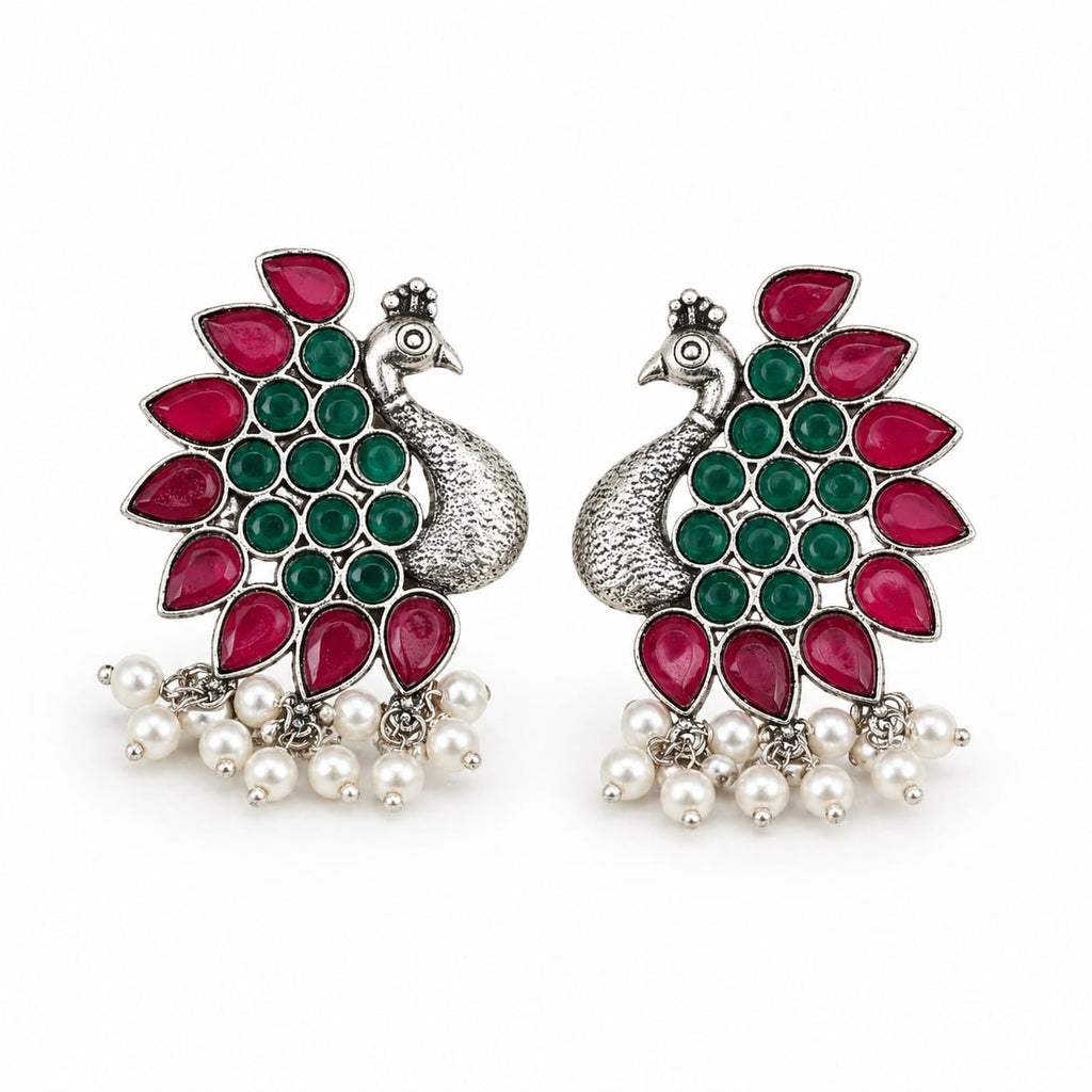 Ruby Green Peacock Oxidised Silver Earrings with Pearl Drops