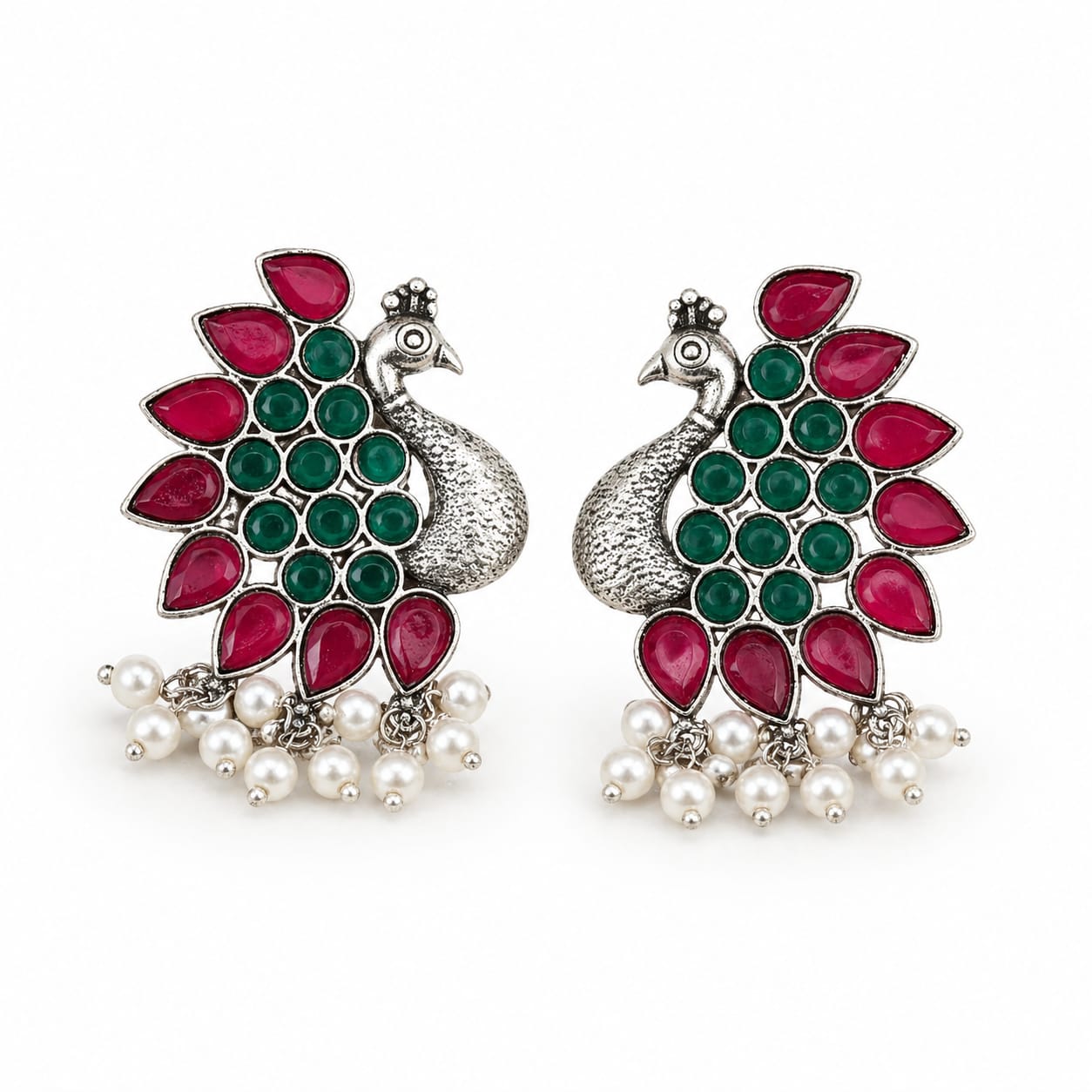 Ruby Green Peacock Oxidised Silver Earrings with Pearl Drops