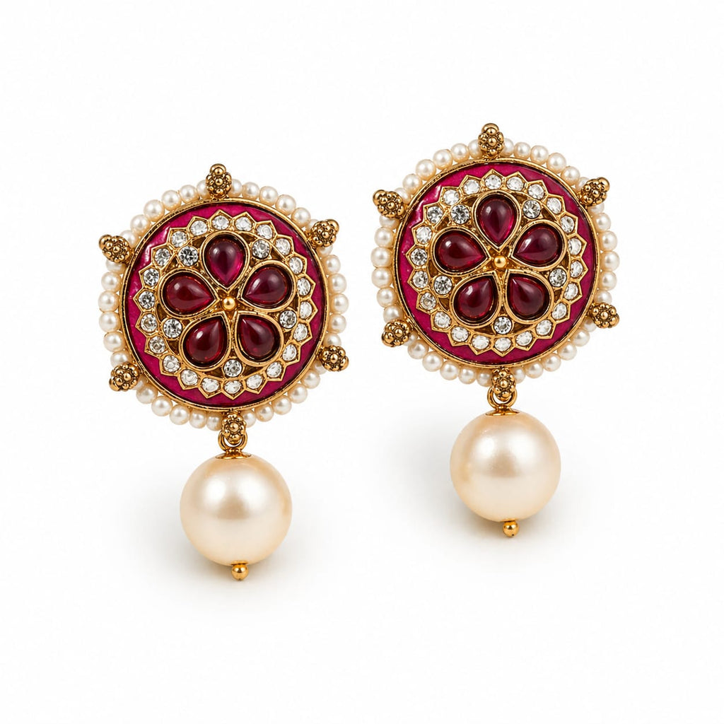 Ruby Kundan Meenakari Disc Earrings with Pearl Drop
